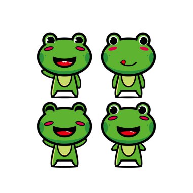 Şirin kurbağa seti koleksiyonu. Vektör illüstrasyon kurbağa maskotu karakteri düz çizgi film. Beyaz arka planda izole edilmiş. Şirin karakter kurbağa logosu fikri.