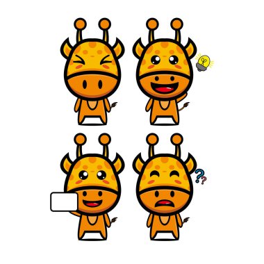 Şirin zürafa seti koleksiyonu. Vektör illüstrasyon zürafa maskotu karakter düz çizgi film. Beyaz arka planda izole edilmiş. Şirin karakter zürafa maskot logosu fikir paketi kavramı