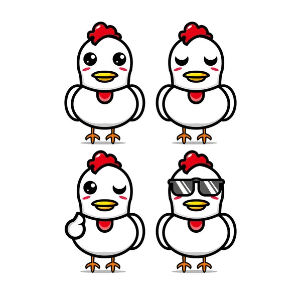 漂亮的鸡群集合 矢量插图鸡吉祥物字符平坦的卡通风格 被白色背景隔离 可爱的人物鸡肉吉祥物标志概念捆扎 — 图库矢量图片
