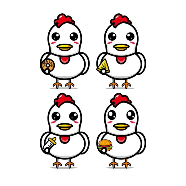 食品を保持する鶏のセットを収集 ベクトルイラストフラットスタイル漫画キャラクターマスコット 白い背景に隔離されている かわいいキャラクターチキンマスコットのロゴアイデアバンドルコンセプト — ストックベクタ