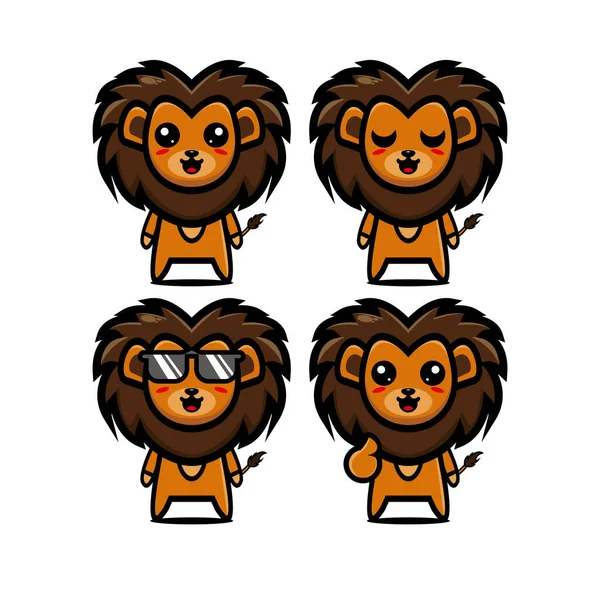可爱的狮子集合集合 矢量插图狮子吉祥物人物平面风格卡通画 被白色背景隔离 可爱的人物狮吉祥物标志概念捆绑 — 图库矢量图片