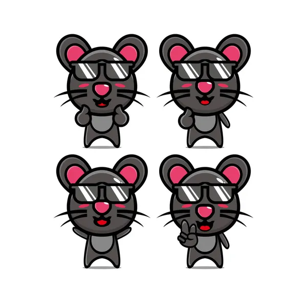 Coleção Bonito Verão Conjuntos Mouse Ilustração Vetorial Estilo Plano Mascote —  Vetores de Stock