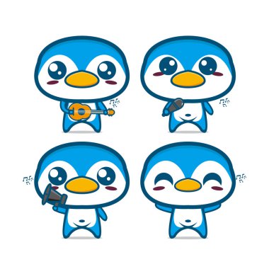 İçinde müzik aletleri olan penguen koleksiyonları. Düz çizgi film karakteri maskotunun vektör çizimi. Beyaz arka planda izole edilmiş. Şirin karakter penguen logosu fikir paketi kavramı