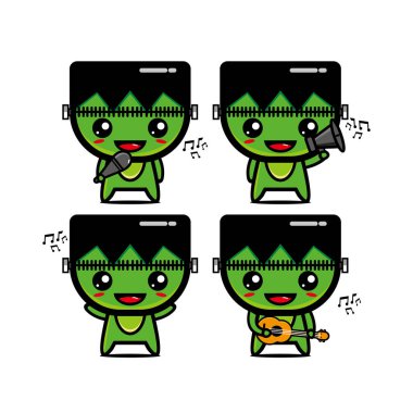 İçinde müzik aletleri olan zombi setleri koleksiyonu. Düz çizgi film karakteri maskotunun vektör çizimi. Beyaz bir arka planda izole edilmiş. Şirin zombi karakter maskot logosu fikir paketi