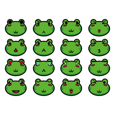 Beyaz arkaplanda izole edilmiş şirin kurbağa kafası çizgi film dizayn karakterinin vektör kümesi