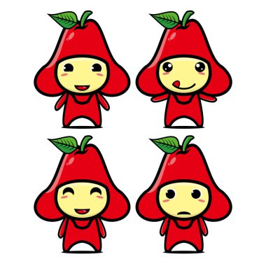 Beyaz arkaplanda izole edilmiş şirin guava meyve kostümlü maskot tasarımı koleksiyonu