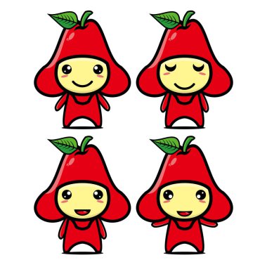 Beyaz arkaplanda izole edilmiş şirin guava meyve kostümlü maskot tasarımı koleksiyonu