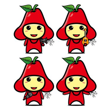 Beyaz arkaplanda izole edilmiş şirin guava meyve kostümlü maskot tasarımı koleksiyonu