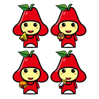 Beyaz arkaplanda izole edilmiş şirin guava meyve kostümlü maskot tasarımı koleksiyonu