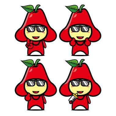 Beyaz arkaplanda izole edilmiş şirin guava meyve kostümlü maskot tasarımı koleksiyonu