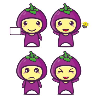 Şirin mangosteen kostüm maskotu koleksiyonu. Beyaz bir arka planda izole edilmiş. Şirin karakter maskot logosu fikir paketi kavramı