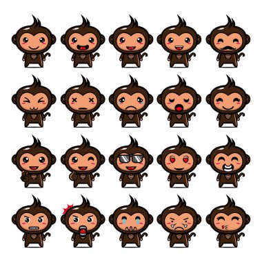 Şirin maymun maskot tasarımı koleksiyonu. Beyaz bir arka planda izole edilmiş. Şirin karakter maskot logosu fikir paketi kavramı