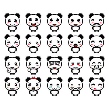 Şirin panda maskotu tasarım karakteri koleksiyonu. Beyaz bir arka planda izole edilmiş. Şirin karakter maskot logosu fikir paketi kavramı