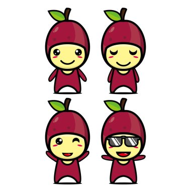 Sevimli tutkulu meyve maskotu koleksiyonu. Beyaz bir arka planda izole edilmiş. Şirin karakter maskot logosu fikir paketi kavramı