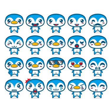 Şirin penguen çizgi film maskot tasarımı koleksiyonu. Beyaz bir arka planda izole edilmiş. Şirin karakter maskot logosu fikir paketi kavramı