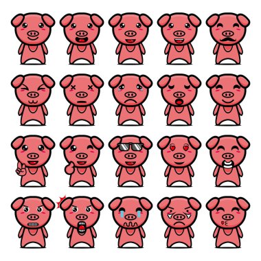 Şirin domuz çizgi film maskot tasarımı koleksiyonu. Beyaz bir arka planda izole edilmiş. Şirin karakter maskot logosu fikir paketi kavramı