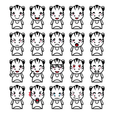 Şirin zebra maskotu tasarım karakterlerinden oluşan bir koleksiyon. Beyaz bir arka planda izole edilmiş. Şirin karakter maskot logosu fikir paketi kavramı