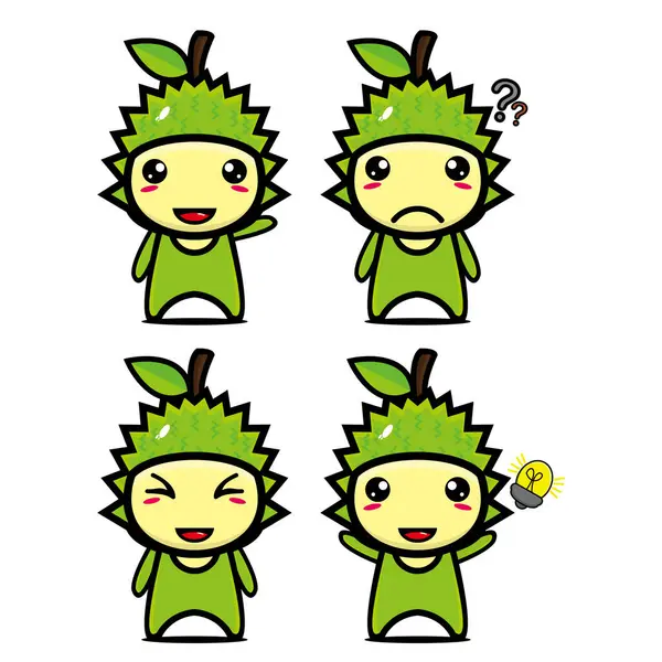 Beyaz arkaplanda izole edilmiş şirin Durian meyve kostümlü maskot tasarımı koleksiyonu