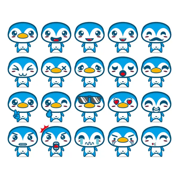 Şirin penguen çizgi film maskot tasarımı koleksiyonu. Beyaz bir arka planda izole edilmiş. Şirin karakter maskot logosu fikir paketi kavramı