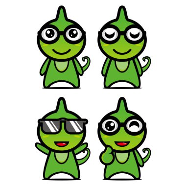 Şirin bir bukalemun maskot tasarımı koleksiyonu. Beyaz bir arka planda izole edilmiş. Şirin karakter maskot logosu fikir paketi kavramı