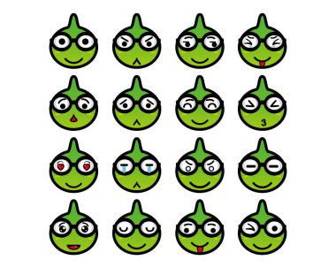 Şirin bir bukalemun maskot tasarımı koleksiyonu. Beyaz bir arka planda izole edilmiş. Şirin karakter maskot logosu fikir paketi kavramı