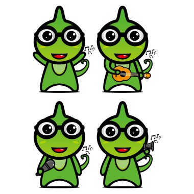 Şirin bir bukalemun maskot tasarımı koleksiyonu. Beyaz bir arka planda izole edilmiş. Şirin karakter maskot logosu fikir paketi kavramı