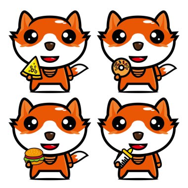 Şirin tilki maskotu tasarım karakteri koleksiyonu. Beyaz bir arka planda izole edilmiş. Şirin karakter maskot logosu fikir paketi kavramı