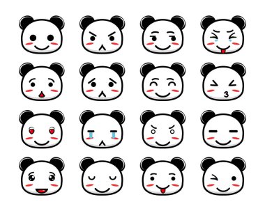 Şirin panda maskotu tasarım karakteri koleksiyonu. Beyaz bir arka planda izole edilmiş. Şirin karakter maskot logosu fikir paketi kavramı