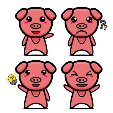 Şirin domuz maskotu tasarımı koleksiyonu. Beyaz bir arka planda izole edilmiş. Şirin karakter maskot logosu fikir paketi kavramı