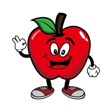 Gülümseyen elma çizgi film maskotu karakteri. Vektör illüstrasyonu beyaz arkaplanda izole edildi