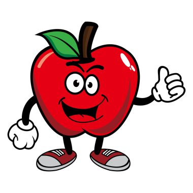 Gülümseyen elma çizgi film maskotu karakteri. Vektör illüstrasyonu beyaz arkaplanda izole edildi