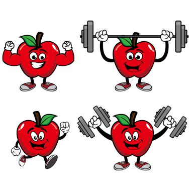 Gülümseyen elma çizgi film maskotu karakteri. Vektör illüstrasyonu beyaz arkaplanda izole edildi