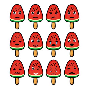 Tatlı dondurma karpuz maskotu tasarımı koleksiyonu. Beyaz bir arka planda izole edilmiş. Şirin karakter maskot logosu fikir paketi kavramı