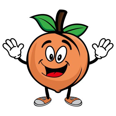 Gülümseyen şeftali meyveli çizgi film karakteri. Vektör illüstrasyonu beyaz arkaplanda izole edildi