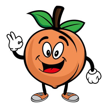 Gülümseyen şeftali meyveli çizgi film karakteri. Vektör illüstrasyonu beyaz arkaplanda izole edildi