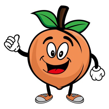 Gülümseyen şeftali meyveli çizgi film karakteri. Vektör illüstrasyonu beyaz arkaplanda izole edildi