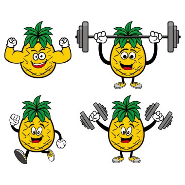 Gülümseyen ananas çizgi film karakteri koleksiyonunu ayarla. Vektör illüstrasyonu beyaz arkaplanda izole edildi