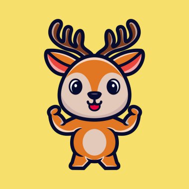 Sevimli güçlü geyik çizgi film karakteri premium vektörü