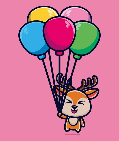 Mignon Cerf Flottant Avec Illustration Vectorielle Dessin Animé Ballon — Image vectorielle