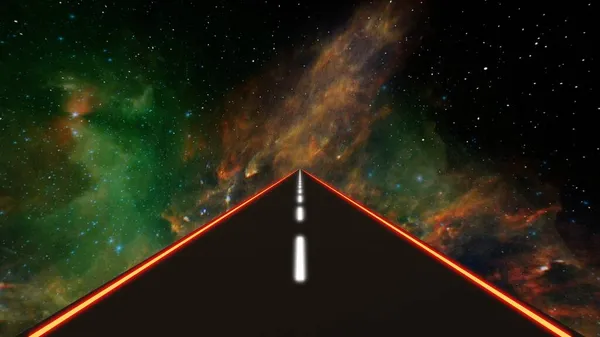 外太空的街道 有闪光的道路标记3D渲染 — 图库照片