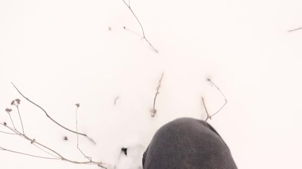 男は森の中の深い雪の中を歩く トルコのエルズルムでの冒険 人間の足跡 Cトラック トラック 冬のスポーツだ 足のプリント足のプリント Print — ストック動画
