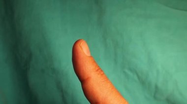 Uğur böceği parmağının üstüne çıkıyor ve sonra uçup gidiyor. Yeşil arka planda izole edilmiş parlak kırmızı uğur böceği. Lady Beetles (124), böcekler ve böcekler, böcekler. Uğur böcekleri, uğur böcekleri: