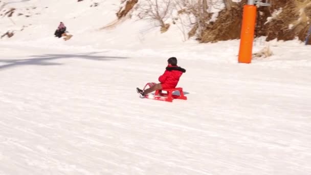 Criança Dirigindo Trenó Sobre Uma Encosta Coberta Neve Nas Montanhas — Vídeo de Stock