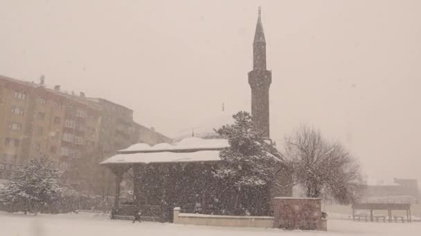 Erzurum Turkije Tijdens Een Sneeuwstorm Sneeuw Ijs Moskee Turks Narmanl — Stockvideo