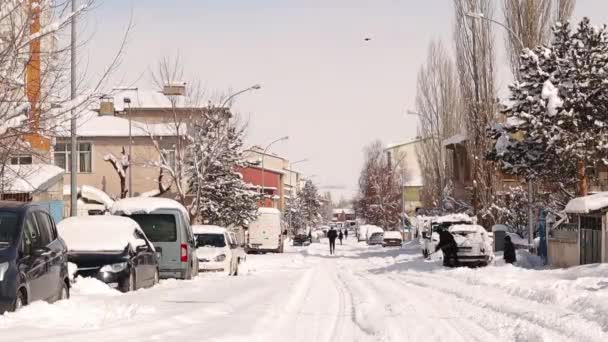 トルコのエルズルム3 20歳 雪嵐の後の2022年 雪に覆われた通りや車 人々は道路からと自分の車をオフにいくつかの雪をクリアしようとする 冬の寒い日ブリザード 凍えて凍えて氷が — ストック動画