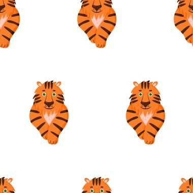 Beyaz arka planda sevimli çizgi film kaplanı olan modern basit desen. Yazdırma için vektör illüstrasyonu