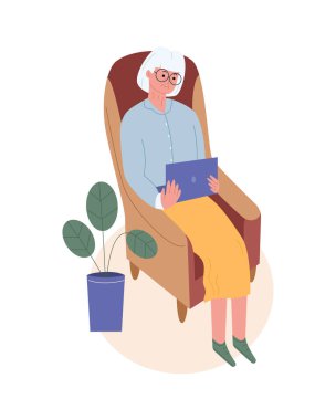 Mutlu büyükanne bir dizüstü bilgisayarla koltukta oturuyor. Yaşlı bir kadın internette vakit geçiriyor. Teknoloji kavramı. Modern düz vektör çizimi beyaz arkaplanda izole edildi