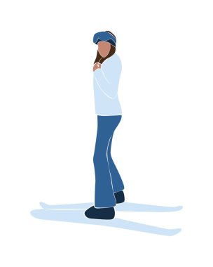 Kayaktaki yüzsüz soyut kadın. Kış tatili aktiviteleri. Kışın şık giyinmiş bir kadın. Modern vektör illüstrasyonu beyaz arkaplanda izole edildi