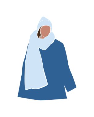 Ceketli, şapkalı ve atkılı soyut yüzsüz kadın. Kışın şık giyinmiş bir kadın. Noel ve Yeni Yıl bakışı. Beyaz arkaplanda modern vektör illüstrasyonu