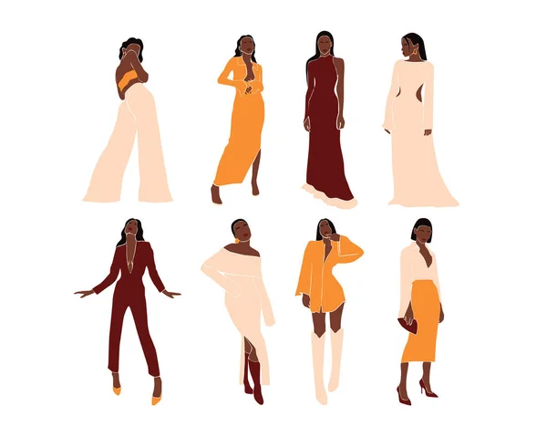 Gran conjunto de moda abstracta elegante de las mujeres en el estilo de moda. Colección de hermosa hembra negra. Traje de mujer. Ilustración vectorial mínima aislada sobre fondo blanco — Archivo Imágenes Vectoriales